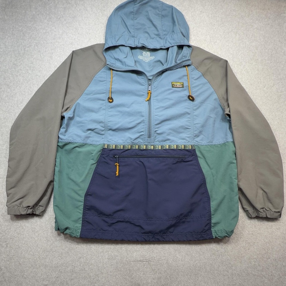 LL Bean Mountain Classic Anorak Men XXL Blue Gray Nylon Hooded 1/2 Zip Logo